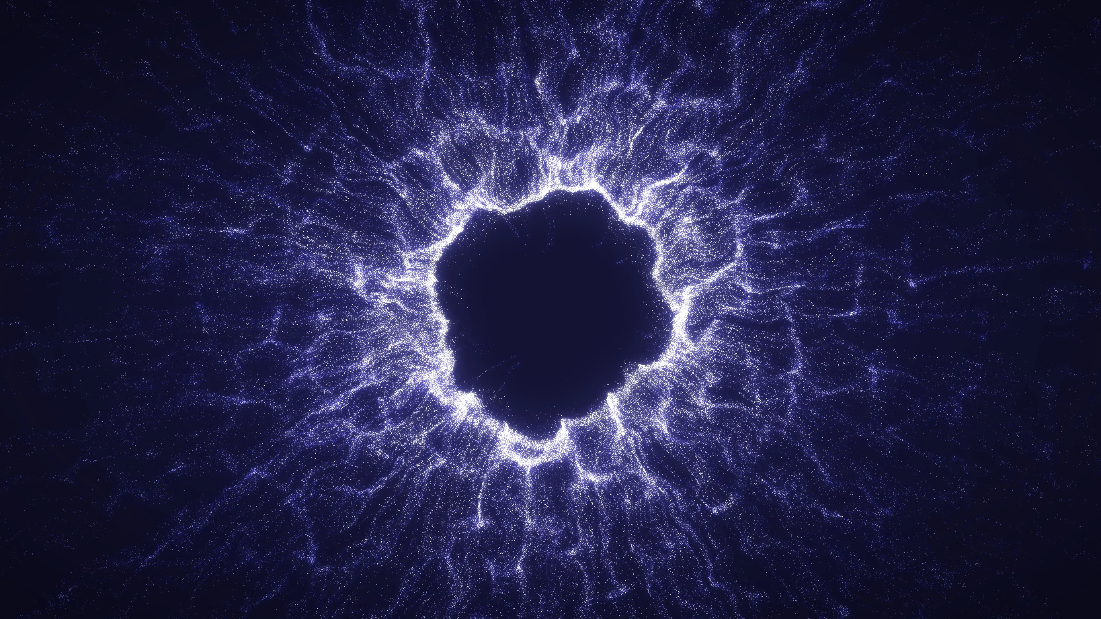 A glowing violet ring with an open centre, like an iris, fine filaments streaming out of it in every direction into the dark.